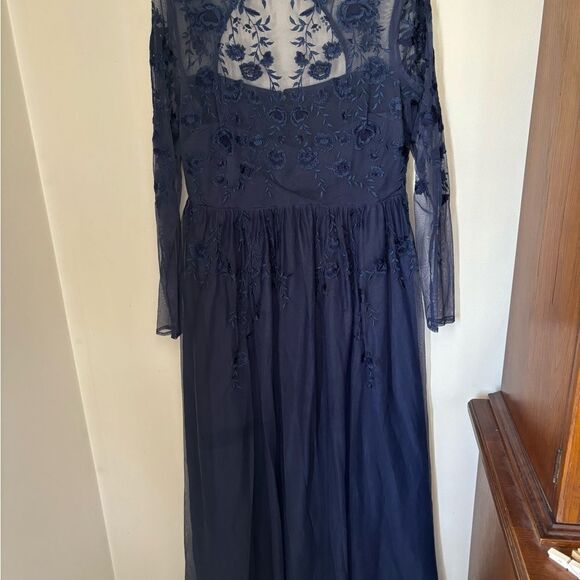 ASOS Navy lace sheer floral long sleeve long dress  cutout back size 12 - Picture 11 of 13